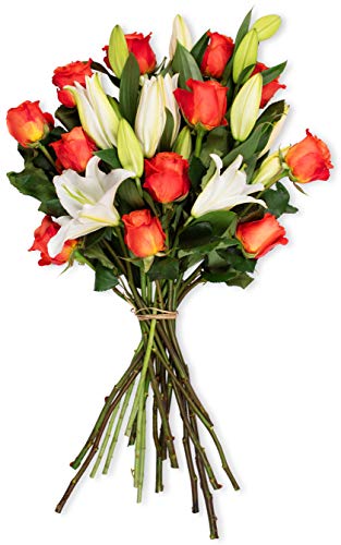 Benchmark Bouquets Orange Roses and White Oriental Lilies, No Vase (Fresh Cut Flowers)