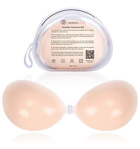 Wingslove Adhesive Bra Reusable Strapless Self Silicone Push-up Invisible Sticky Backless Bra(Pale Peach,C Cup-Double Thickness)