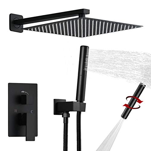 BESy Shower System with 12 Inch Rain Shower Head and Handheld Wall Mounted, High Pressure Rainfall Shower Faucet Fixture Combo Set with 2 in 1 Handheld Showerhead for Bathroom, Matte Black