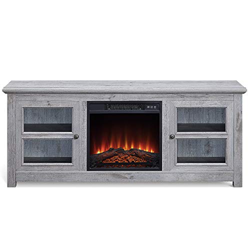 BELLEZE 014-HG-41810-HT-LGY 58' Stand Entertainment Center Console for TV's Up to 65' W/Infrared Electric Fireplace and Remote Control, Light Grey
