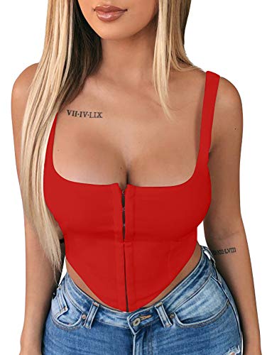 TOB Women's Sexy Sleeveless Central Single-Row Clasp Club & Night Out Crop Tank Top Red