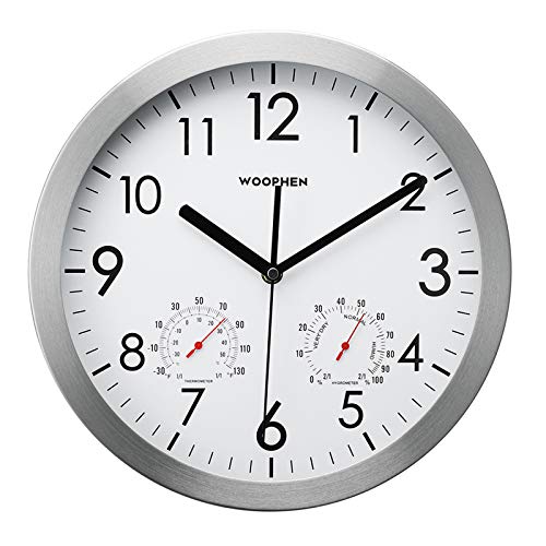 WOOPHEN 12 Inch Silent Non Ticking Wall Clock with Temperature&Humidity (Silver)