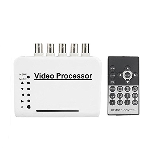 Camecho 4 Channel CCTV Video Quad Splitter Camera Processor System Kit Switcher Color Remote Control with 5 BNC Adapter