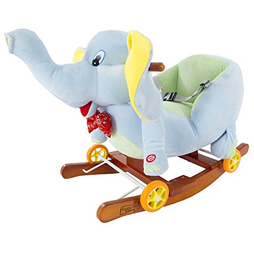 Rocking Horse Plush Animal Elephant 2-in-1 Wooden Rockers & Wheels, Seat & Seat Belt and Sounds, Ride on Toy for Babies 1-3 Years, by Happy Trails