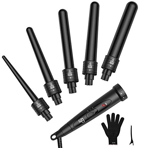 ATMOKO by Homitt 5 in 1 Curling Wand Set with 5 Interchangeable Hair Wand Curling Iron Ceramic Barrels and a Heat Protective Glove – Black