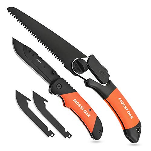 MOSSY OAK Folding Knife And Folding Saw Kit, Hunting Knife with 3 Replaceable Blade, Hand Saw with TPR Soft Grip, Perfect for Outdoor Survival, Camping, Hiking