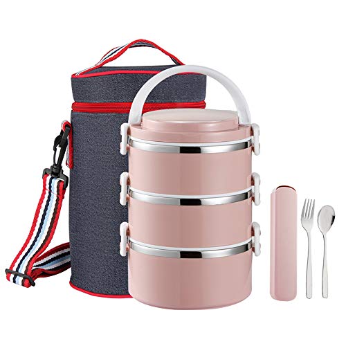 YBOBK HOME Thermal Lunch Box, Stackable Round Metal Stainless Steel Large Hot Food Bento Boxes for Adults, Lunch Container with Insulated Lunch Bag and Flatware with Case for Hot Lunch (3-Tier, Pink)