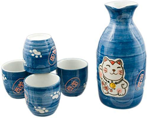 Happy Sales HSSL-LKCBLU, Japanese Design Lucky Cat Fortune Cat Maneki Neko Porcelain Sake set, Blue