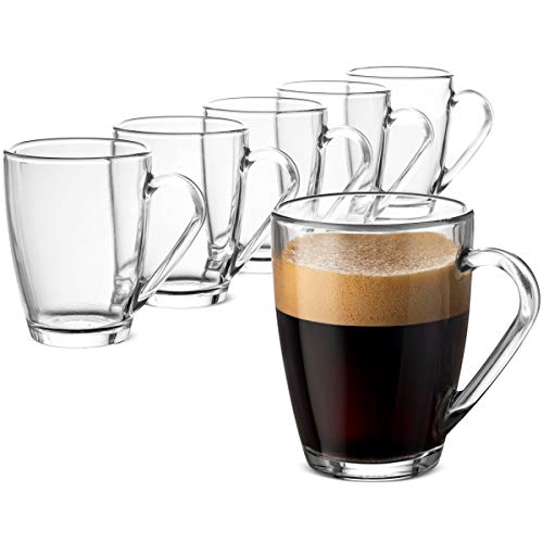 Bormioli Rocco Glass Coffee Mug Set, (6 Pack) Medium 10¾ Ounce with Convenient Handle, Tea Glasses for Hot/Cold Beverages, Thermal Shock Resistant, Tempered Glass, Mugs for Cappuccino, Latte, Espresso