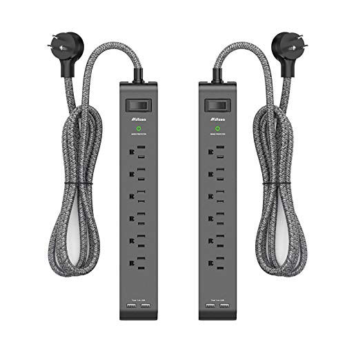 2 Pack Surge Protector Power Strip with 6 Outlets 2 USB Ports, 5-Foot Long Heavy-Duty Braided Extension Cords, Flat Plug, 900 Joules, 15A Circuit Breaker, Wall Mount FCC ETL Listed for Home Office