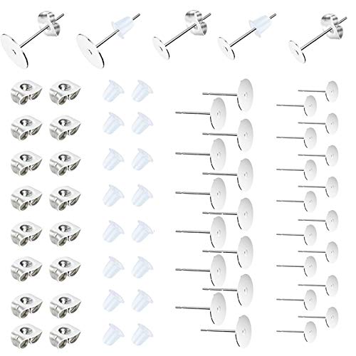 450PCS Earring Posts Stainless Steel Flat Pad,Hypoallergenic Stud Earrings with Butterfly and Rubber Bullet Earring Backs for Jewelry DIY Making Findings