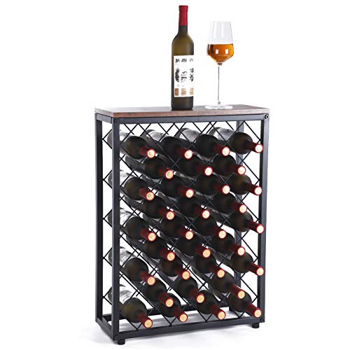 Fox Flower Wine Rack, Floor Wine Holder Free Standing Wine Storage with Table Top Metal Wood Frame Wine Shelf for Home Bar Cabinet Pantry, 32 Bottles