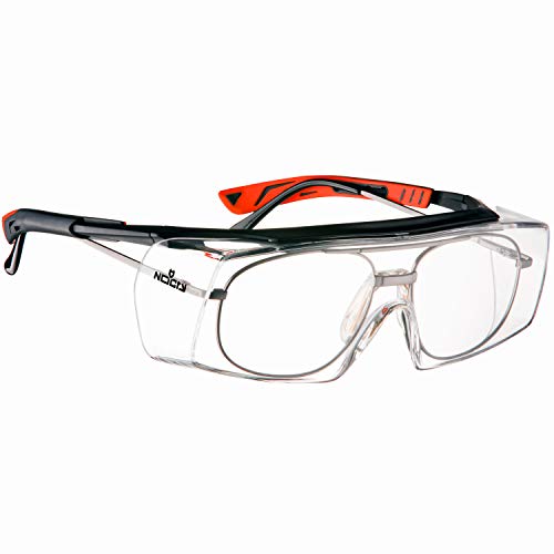 NoCry Over-Glasses Safety Glasses - with Clear Anti-Scratch Wraparound Lenses, Adjustable Arms, Side Shields, UV400 Protection, ANSI Z87 & OSHA Certified (Black & Red)