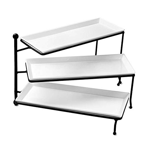 Sweese 731.101 3 Tiered Serving Stand, Foldable Rectangular Food Display Stand with White Porcelain Platters - Serving Trays for Parties