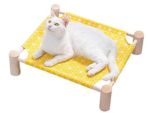 Wooden Cat Hammock Elevated Cooling Bed Portable Pet Cot with Washable Cotton Sheets Pine Pet Bed for Cats and Small Dogs | Easy to Assemble