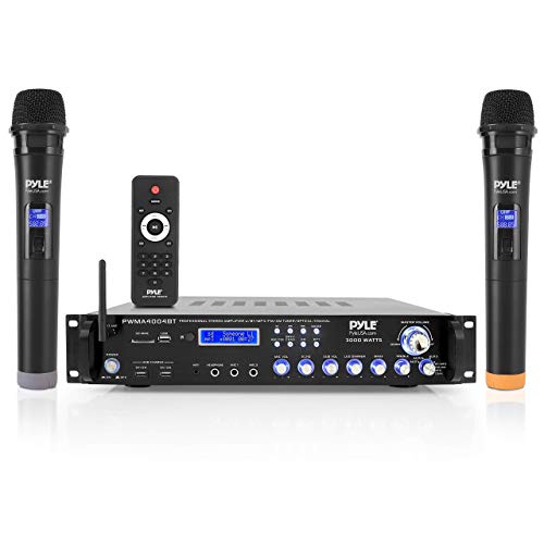 Bluetooth Multi-Channel Hybrid Pre-Amplifier System - 3000W Home Audio Rack Mount Stereo Power Amplifier Receiver w/ Radio, USB, UHF, Dual Wireless Karaoke mic, Speaker Sound System - Pyle PWMA4004BT