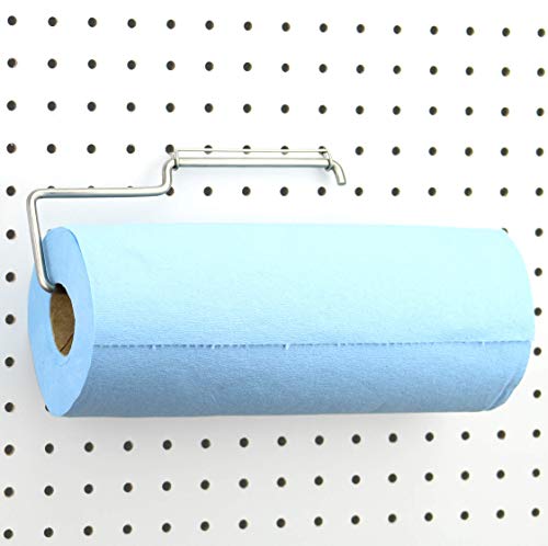 Pegboard Paper Towel Holder - Stainless Steel - Hooks to Any Peg Board - Pegboard Organization Accessory - Add to Pegboard in Your Tool Shed, Garage, Workbench, Craft Room, Laundry Room, or Kitchen
