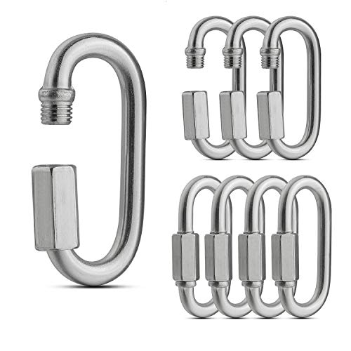 ASelected 8 Pack Threaded Quick Link, Stainless Steel Oval Locking Carabiner Clip, Tow Chain Quick Links, 1/4 Inch Diameter Rope Connector for Trailer, Swing, Hammocks, Cable, Camping-620Lbs Capacity