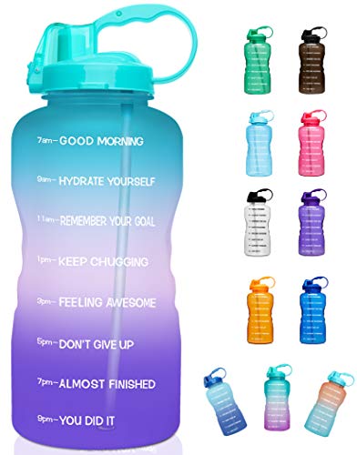 Giotto Large 1 Gallon/128oz (When Full) Motivational Water Bottle with Time Marker & Straw, Leakproof Tritan BPA Free for Fitness, Gym and Outdoor Sports-Purple/Pink/Green Gradient