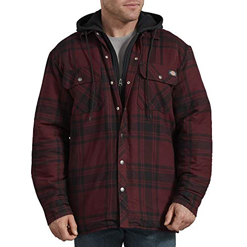 Dickies Men's Relaxed Fit Hooded Quilted Shirt Jacket, Dark Port/Black Plaid, XL