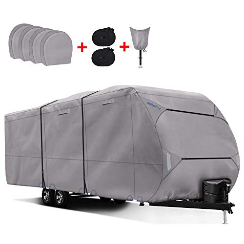 RVMasking Upgraded 300D Top Windproof Travel Trailer Cover 24'1' - 26' for RV Camper with 4 Tire Covers, Tongue Jack Cover
