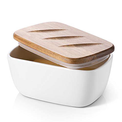 DOWAN Porcelain Butter Dish - Covered Butter Container with Wooden Lid for Countertop, Farmhouse Butter Dish with Covers Perfect for East West Coast Butter, White