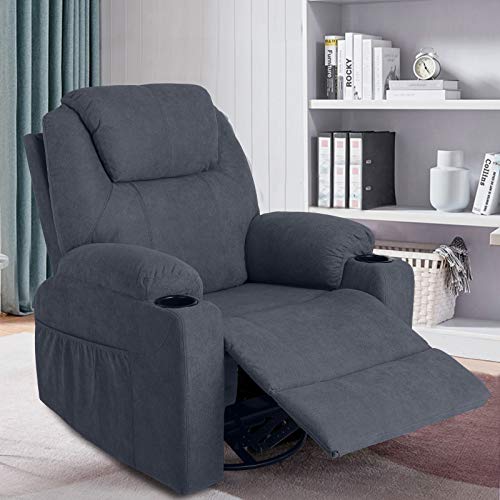 MAGIC UNION Fabric Massage Recliner Chair Rocking and 360°Swivel Heated Ergonomic Living Room Lounge Chair Single Sofa with 2 Cup Holders and Side Pockets Wireless Remote Control (Fabric+Gray)