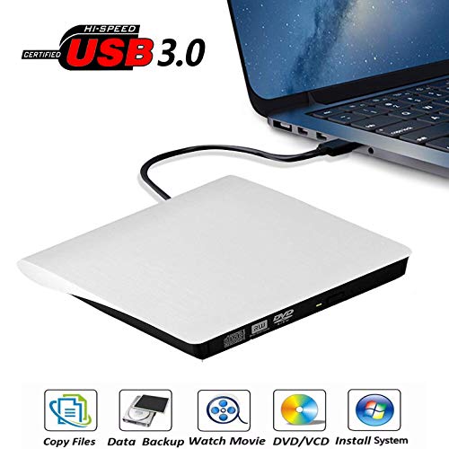 External DVD Drive, USB 3.0 Portable CD/DVD+/-RW Drive/DVD Player for Laptop CD ROM Burner Compatible with Laptop Desktop PC Windows Linux OS Apple Mac White