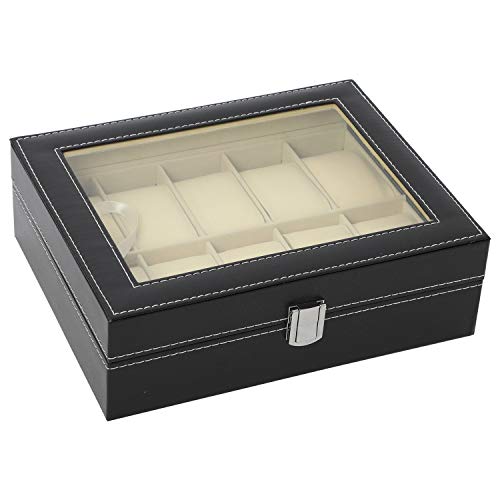 NovelBee 10 Slots Watch Boxes Display Cases with Removable Cushions,Framed Glass,Lid Elegant Contrast Stitching and Secure Lock for Watch Jewelry Storage