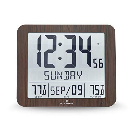 Marathon Slim Atomic Wall Clock with Indoor/Outdoor Temperature, Full Calendar and Large Display - Batteries Included - CL030027-FD-WD (Wood Grain Finish)