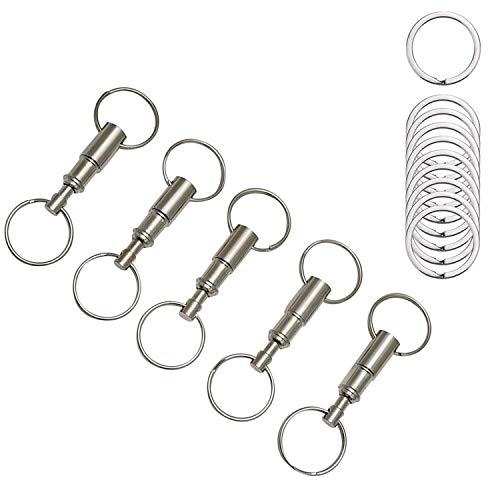 Quick Release Detachable Keychains Heavy Duty Outdoor Dual Spring Split Snap Seperate Pull-Apart Silver Key Ring Key Accessory Lock Holder with 2 Split Rings 10 PCS Ring(1.25 inch) as Gifts (Silver)