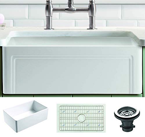 Empire Industries OL27G Olde London Reversible Farmhouse Fireclay Kitchen Sink with Grid and Strainer, White