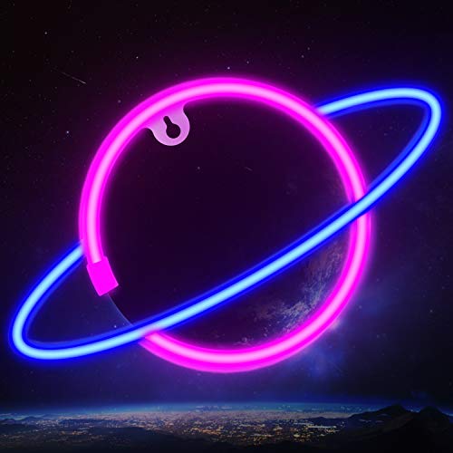Ifreelife Neon Light Planet Neon Sign USB Charging/Battery Operated LED Neon Decorative Lights Wall Decor for Home, Kids Room, Bar, Party, Christmas, Wedding (Blue+Pink)