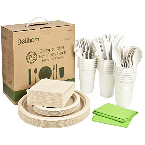 Delihom Biodegradable Dinnerware Set 172pcs Eco Friendly Party Supplies Includes Biodegradable Plates Napkins, Cups Forks, Knives and Spoons Compostable Picnic Disposable Set