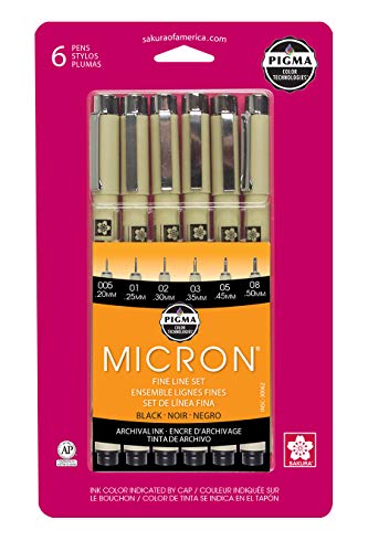 Sakura Pigma 30062 Micron Blister Card Ink Pen Set, Black, Ass't Point Sizes 6CT Set