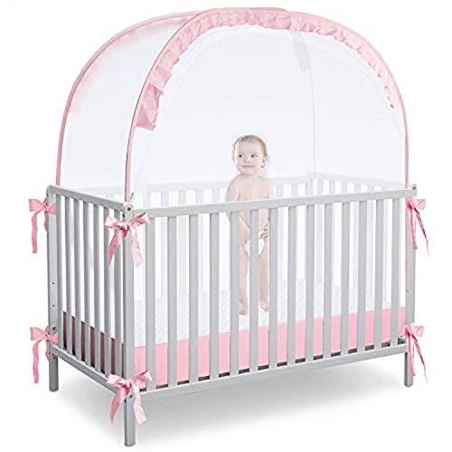 RUNNZER Crib Pop Up Tent, Baby Safety Mesh Cover Mosquito Net, Toddler Bed Canopy Netting Cover Crib Tent to Keep Baby from Climbing Out