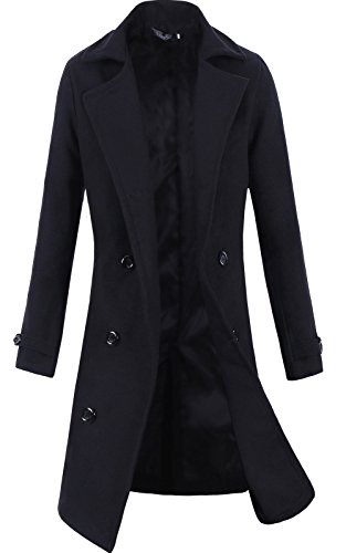 Lende Men's Trench Coat Winter Long Jacket Double Breasted Overcoat,Black Large