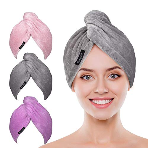 Microfiber Hair Towel Wrap POPCHOSE 3 Pack Ultra Absorbent, Fast Drying Hair Turban Soft, Anti Frizz Hair Wrap Towels for Women Wet Hair, Curly, Longer, Thicker Hair Gray, Pink, Purple