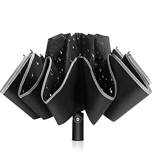 Bodyguard Inverted Umbrella, Windproof Umbrella,12 Ribs Reverse Umbrella with Reflective Stripe, Teflon Umbrella in Rain and Sun, Leather Cover for Women and Men