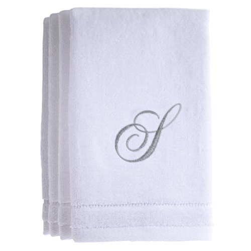 Monogrammed Towels Fingertip, Personalized Gift, 11 x 18 Inches - Set of 4- Silver Embroidered Towel - Extra Absorbent 100% Cotton- Soft Velour Finish - For Bathroom/ Kitchen/ Spa- Initial S (White)