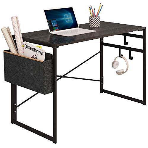 JSB Folding Computer Desk with Storage Bag and Hook, Writing Desk Modern Industrial Work Table Laptop Desk for Home Office (39.37” x 19.69” x 29.53”, Black)