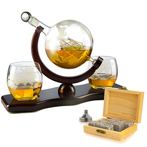 Whiskey Decanter Set Globe with 2 Etched Globe Whisky Glasses - Comes With Whiskey Stones for Whiskey, Scotch, Bourbon 850ml