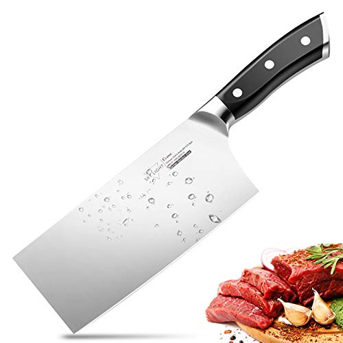 SKY LIGHT Cleaver Knife, 7 Inch Butchers Knife German High Carbon Stainless Steel Kitchen Meat Chopper Razor Shape Chef’s Knives with Ergonomic Handle