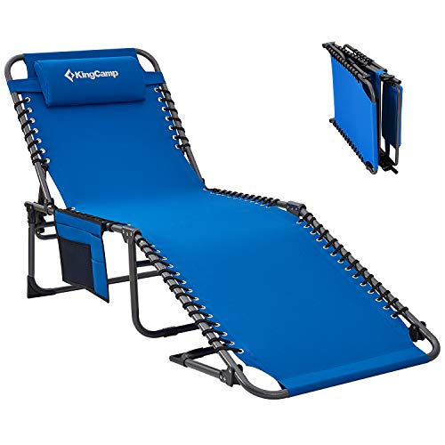 KingCamp 4-Fold Outdoor Folding Chaise Lounge Chair for Beach, Sunbathing, Patio, Pool, Lawn, Deck, Portable Lightweight Heavy-Duty Adjustable Camping Reclining Chair with Pillow, Blue