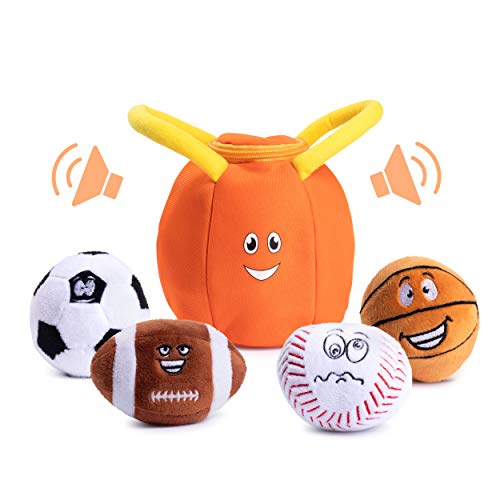 Plush Creations Sports Plush Bag with 4 Talking Soft Plush Balls. Sport Set Includes Plush Sports Bag Plush Basketball Plush Baseball Plush Soccer Ball and Plush Football. Great Baby and Toddler Gift