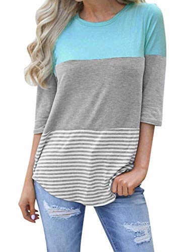 kigod Womens Casual Three Quarter Sleeve Patchwork Blouse Tops Shirts Back Lace Striped Tee Shirts for Spring Autumn (Sky Blue, X-Large)