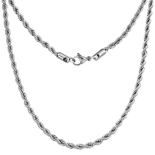 Silvadore 4mm Rope Mens Necklace - Silver Chain Twist Stainless Steel Jewelry - Neck Link Chains for Men Man Male Women Boys Girls - 18' 20' 22' 24' 26' 36' UK
