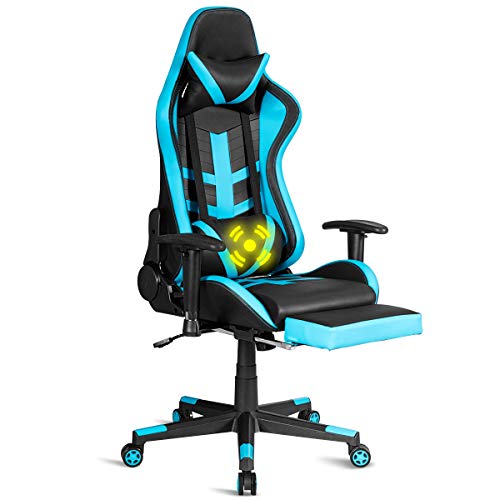 POWERSTONE Gaming Chair - Racing Chair with Massage Lumbar Support and Footrest - Computer Gaming Chair Office Chair PU Leather Ergonomic Headrest High-Back Recliner Swivel Chair, Blue