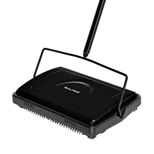 Alpine Industries Triple Brush Floor & Carpet Sweeper – Heavy Duty & Non Electric Multi-Surface Cleaner - Easy Manual Sweeping for Carpeted Floors (Black)