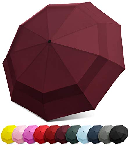 Windproof Travel Umbrella - Compact, Double Vented Folding Umbrella w/Automatic Open & Close Button - Portable, Lightweight Outdoor & Golf Rain Umbrellas w/UV Protection, Marsala